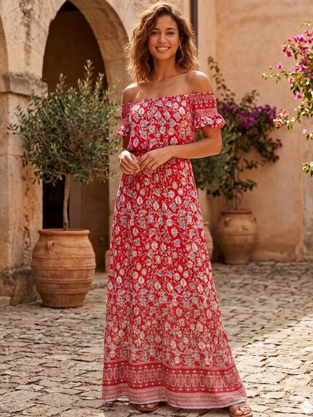 House of three Red Floral Of Shoulder Maxi Dressing